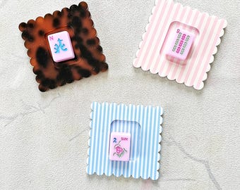 Mahjong Tile Discard Marker, Tortoise Shell Acrylic Accessory, Coastal Pink Blue Stripe