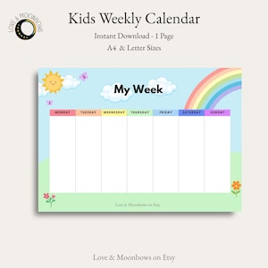 Calendario semanal infantil imprimible / A4 y carta (PDF) / Diseño horizontal / Horario semanal para niños / Planificador de descarga digital