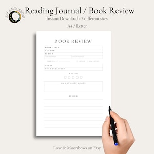 Reseña de libro en PDF / A4 + Carta EE. UU. / Diseño minimalista en blanco y negro / Rastreador de lectura inspirado en BookTok / Diario de lectura imprimible / Registro de lectura
