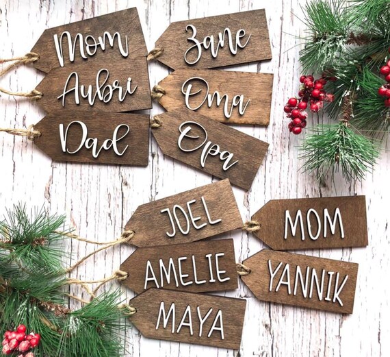 Christmas Stocking Name Tag With Truck and Snow Scene Name Place Cards Personalized Christmas Gift Tags Laser Cut Wooden Gift Tags
