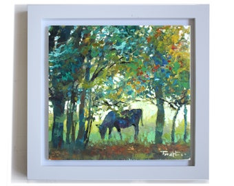 No 3. Grazing cow - small paintings - framed - original artwork by Christian Twelftree