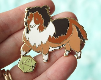 Shetland Sheepdog and D20 Dice Buddy Hard Enamel Pin for Dungeons and Dragons Players