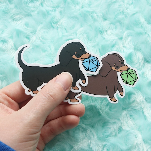 Short Haired Dachshund Wiener Dog Dice Buddy Sticker | Dungeons and Dragons Dogs, Gift for Dungeon Master or Tabletop RPG Players