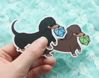 Short Haired Dachshund Wiener Dog Dice Buddy Sticker | Dungeons and Dragons Dogs, Gift for Dungeon Master or Tabletop RPG Players