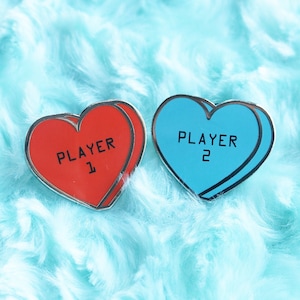 Player 1 Player 2 Conversation Hearts Hard Enamel Pins | Valentine Gifts for Gamer Couple | BFF Jewelry Set | Video Game Wedding Favors
