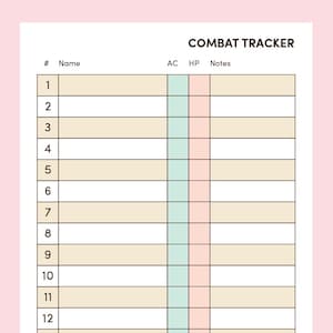 May include: Two-page spread of a combat tracker and an out-of-combat tracker. The combat tracker has fields for name, AC, HP, and notes. The out-of-combat tracker includes fields for location, time, and objectives. Both have numbered rows.