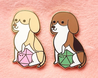 Beagle D20 Dice Buddy Enamel Pin | Dungeons and Dragons Dog, Tabletop RPG Accessory