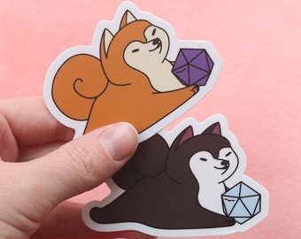 Shiba Inu and D20 Dice Buddy Weatherproof Vinyl Sticker for Dungeons and Dragons Players