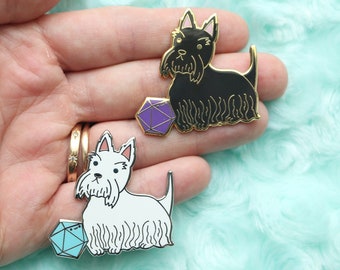 Scottish Terrier and D20 Dice Buddy Hard Enamel Pin for Dungeons and Dragons Players