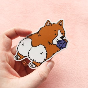 Corgi Dice Buddy Weatherproof Vinyl Sticker Dungeons and Dragons Stickers, Gift for DM, Polyhedral Dice Dogs and Dice image 1