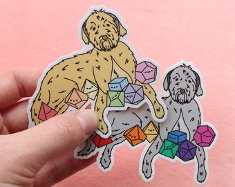 Irish Wolfhound and the Tiny Dice Buddies Weatherproof Vinyl Sticker for Dungeons and Dragons Players