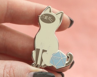 Siamese Cat D20 Dice Buddy Hard Enamel Pin | Gift for Tabletop RPG Player, Dungeon Master, DnD Kitty Lover