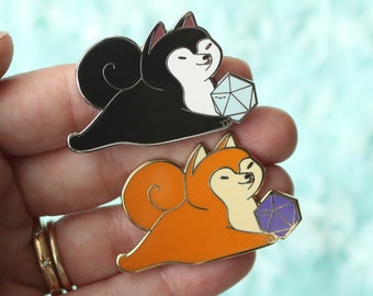 Shiba Inu and D20 Dice Buddy Hard Enamel Pin for Dungeons and Dragons Players