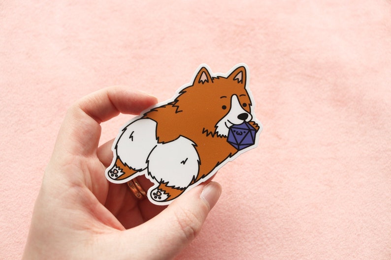 Corgi Dice Buddy Weatherproof Vinyl Sticker Dungeons and Dragons Stickers, Gift for DM, Polyhedral Dice Dogs and Dice image 1