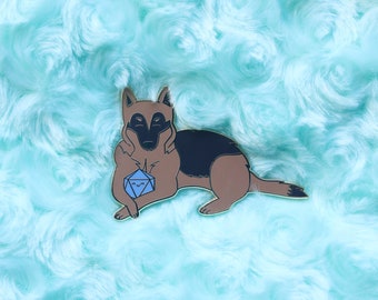 German Shepherd D20 Dice Buddy Hard Enamel Pin | Dungeons and Dragons Dogs, Gift for Dungeon Master or Tabletop RPG Players
