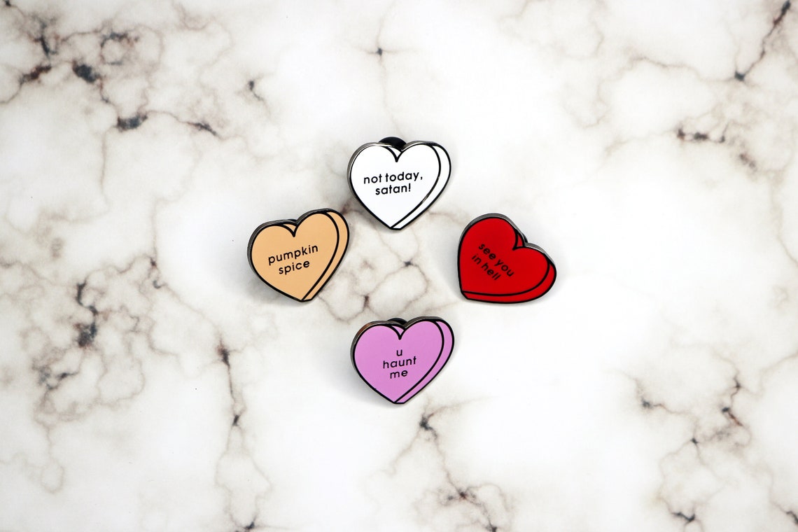 Halloween Conversation Hearts Hard Enamel Pins Pumpkin Etsy