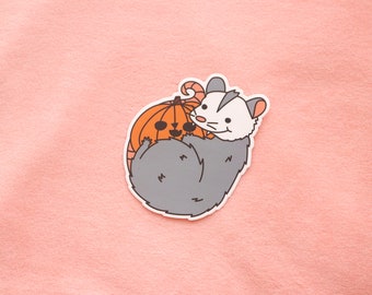 Jack-O-Possum Sticker | Cute Fall and Halloween Stationery for Spooky Autumn Harvest Season | Opossum Trash Critter with Pumpkin