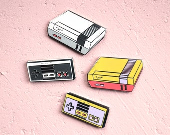 NES Console and Controller Hard Enamel Pins | Nintendo Inspired Console and Controller Lapel Pins | Nerdy Video Game Ita Bag Pins |