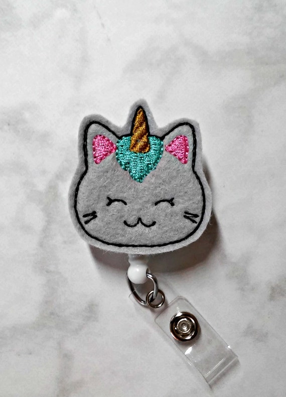 Unicorn Cat Badge Reel/nurse Badge Reel/caticorn Badge/cat  Unicorn/retractable ID Badge Holder/felt Badge Reel/rn/gray/pink/mint/kitty  