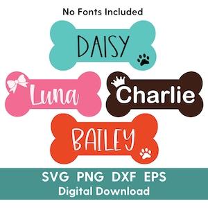 May include: Four dog bone-shaped name tags with different colours and designs. The top tag is turquoise with the name "DAISY" and a paw print. The second tag is pink with a bow and the name "Luna". The third tag is brown with a crown and the name "Charlie". The bottom tag is orange with a paw print and the name "BAILEY".