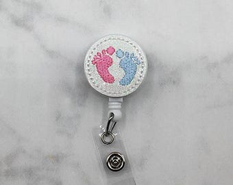 Baby Feet Badge Reel - Embroidered L&D Nurse Badge Reel - Nicu Retractable ID Badge Holder - Glitter Badge Reel - Labor and Delivery ID
