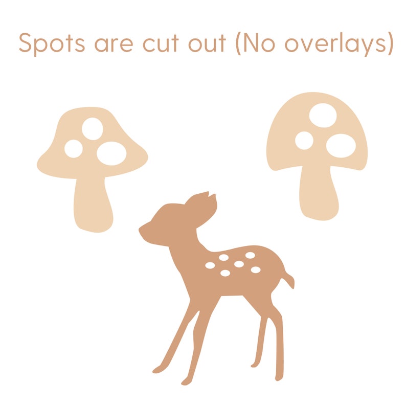 May include: A brown deer with white spots stands on a white background. Two beige mushrooms with white spots are on either side of the deer.