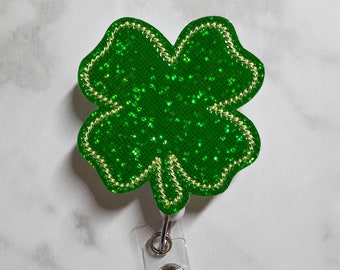 Glitter Four Leaf Clover Badge Reel/St Patricks Day/Shamrock Badge Reel/Nurse Badge Reel/ID Badge Holder/Retractable Badge Holder/St Patty&#39;s