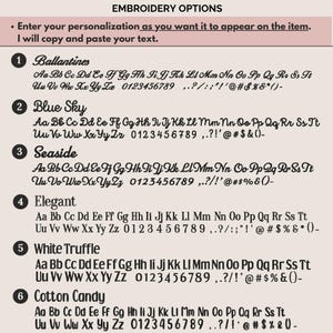 May include: Image displaying embroidery font choices. Features six fonts: Ballantines, Blue Sky, Seaside, Elegant, White Truffle, and Cotton Candy. Each font shows the alphabet and numbers for reference.