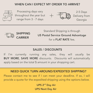 Peut inclure: Graphique informatif avec des informations sur les commandes. Il indique les d&eacute;lais de traitement (3-7 jours), la livraison (2-5 jours de G&eacute;orgie), l'exp&eacute;dition et les remises. Options d'exp&eacute;dition acc&eacute;l&eacute;r&eacute;e : UPS 2nd Day Air.