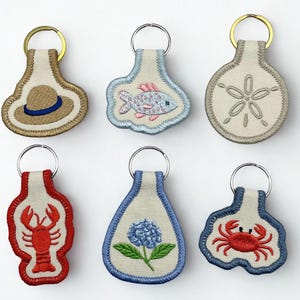 Embroidered Coastal Themed Bag Charms - Canvas Double Sided Bag Tags - Purse Charm- Keychain - Small Gift for Her