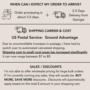 May include: An informational graphic with black text on a light background. It details order processing times of 3-5 days, 2-5 days delivery from Georgia, US Postal Service Ground Advantage shipping, and automatic Buy More, Save More discount policies.