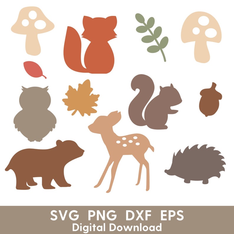 May include: A set of 10 woodland animal and nature silhouette cut files in various colors, including a fox, deer, squirrel, owl, bear, hedgehog, mushroom, acorn, leaf, and branch.  SVG PNG DXF EPS Digital Download.