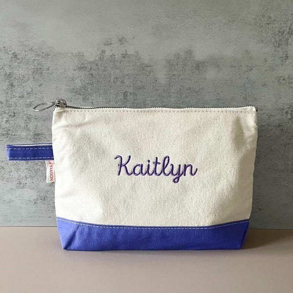 Personalized Embroidered Canvas Makeup Bag - Two Tone Canvas Cosmetic Bag - Zipper Bag-  Gift for Her - Teen Gift