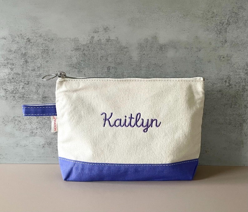 Trousse à maquillage personnalisée en toile brodée - Trousse à cosmétiques en toile bicolore - Trousse à fermeture éclair - Cadeau pour elle - Cadeau pour ado image 1