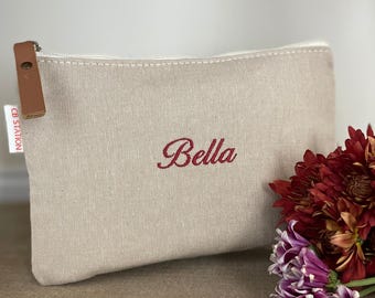 Personalized Jute and Canvas Zipper Pouch + Genuine Leather Accent-9&quot;w x 6.5&quot; h-Custom Small Cosmetic Bag -Embroidered Bridesmaid Gifts
