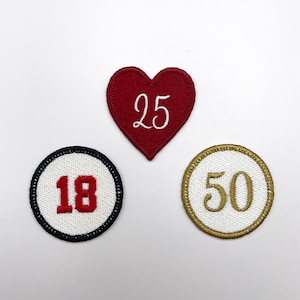 Iron On Embroidered Number Patch - 2 inch Heart or Circle Patch  - Sports, Birthday, or Anniversary Number Patch - Custom Colors