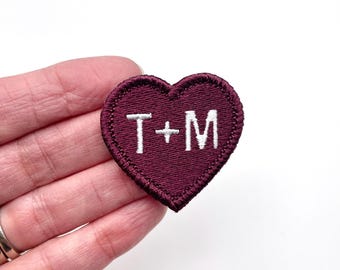 Iron On Embroidered Heart Patch with Initials -Valentines Day Gift-Couples Heart Patch-Wedding Initials Patch- 1.7"x1.6" Heart-Custom Colors