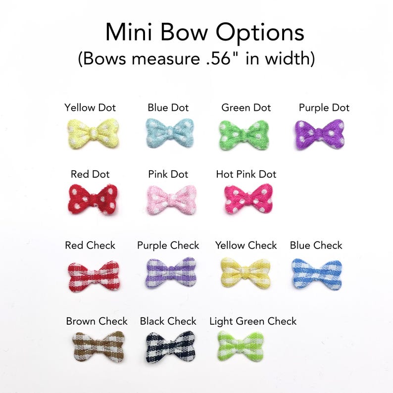 K&ouml;nnte beinhalten: Eine Sammlung von Mini-Schleifen mit der Aufschrift Mini Bow Options (Schleifen messen 1,42 cm in der Breite). Das Set enth&auml;lt verschiedene Farben und Muster: gelbe, blaue, gr&uuml;ne, violette, rote, rosa und pinke Punkte sowie rote, violette, gelbe, blaue, braune, schwarze und hellgr&uuml;ne Karos.