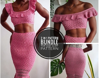 Crochet Skirt & Crop top Pattern Bundle, Crochet Mermaid Skirt, Off-shoulder crop top Pattern, Two piece set, Written Pattern, 'ARIEL SET'