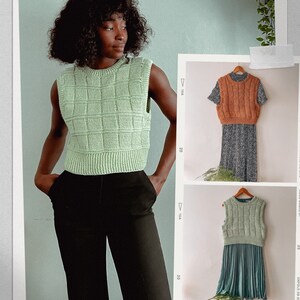 May include: A green crochet vest with a square pattern. The vest is shown being worn by a person with dark hair and black pants. The image also shows two other versions of the vest in different colors and styles.