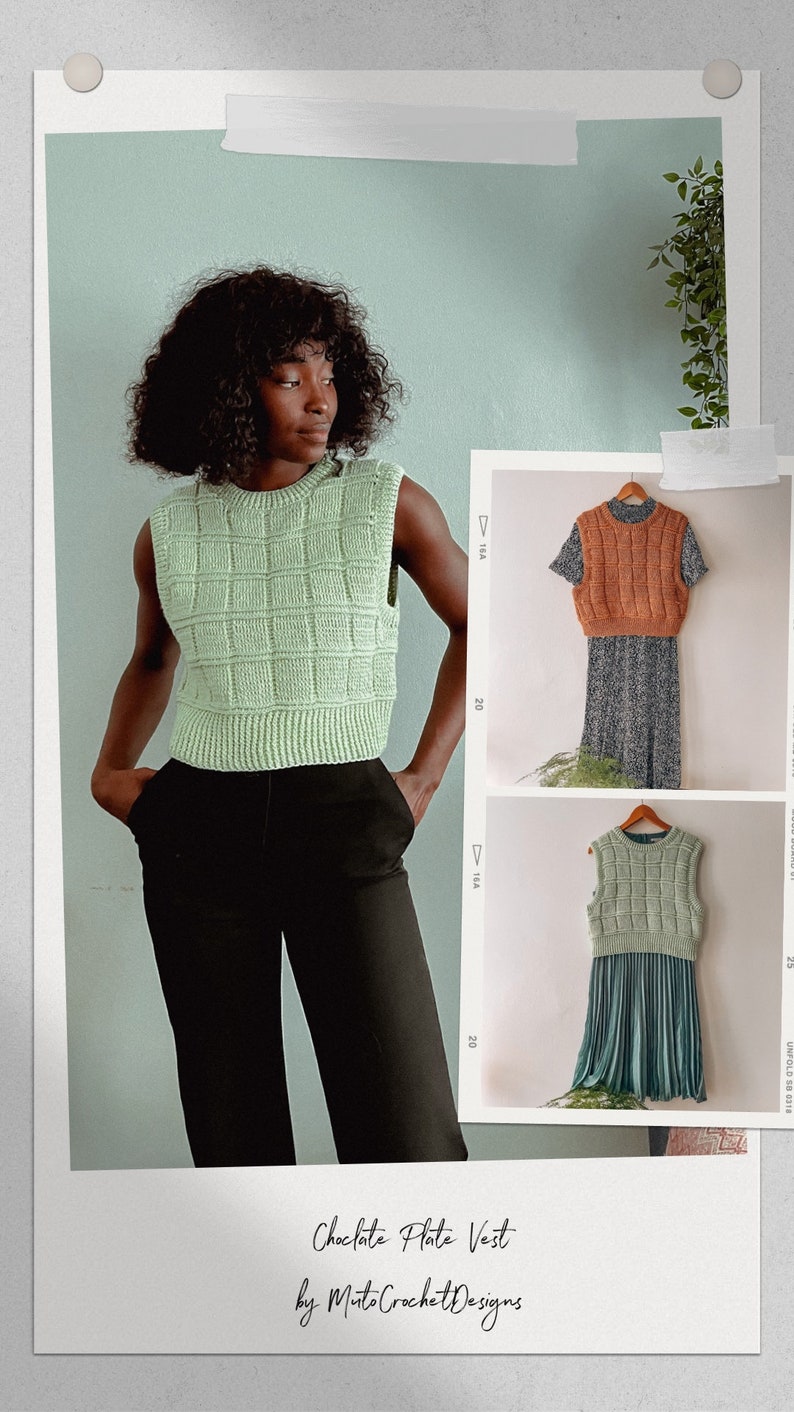 May include: A green crochet vest with a square pattern. The vest is shown being worn by a person with dark hair and black pants. The image also shows two other versions of the vest in different colors and styles.