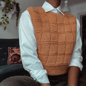 May include: A brown knitted vest with a square pattern, worn over a white button-down shirt. The person is wearing brown pants.