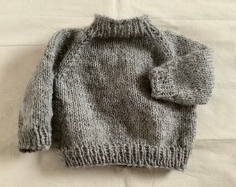 Baby round neck sweater, hand knitted in pure wool