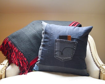 The Technologist; thrifted denim cushion-cover ; zero waste home interior; denim design; customisable