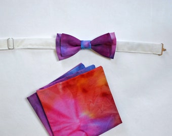 Gift set of bow tie and pocket square ; batik bow tie ; rainbow bow tie