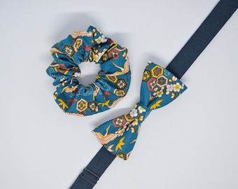 Tsuru ; Crane Print Bowtie: Petrol Blue Japanese Style Cotton Bow Tie, Gift Set Available