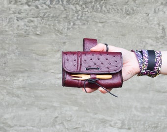Handmade Burgundy Ostrich Leather Belt Bag with Bamboo Clasp