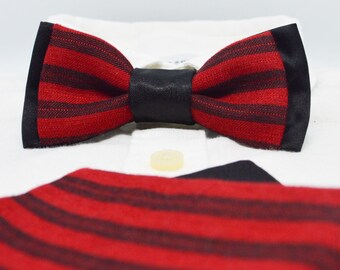 Gift set of bow tie and pocket square ; red and black bow tie ; striped bow tie