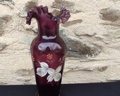 Beautiful old purple enamelled vase decorated with pleated neck flowers