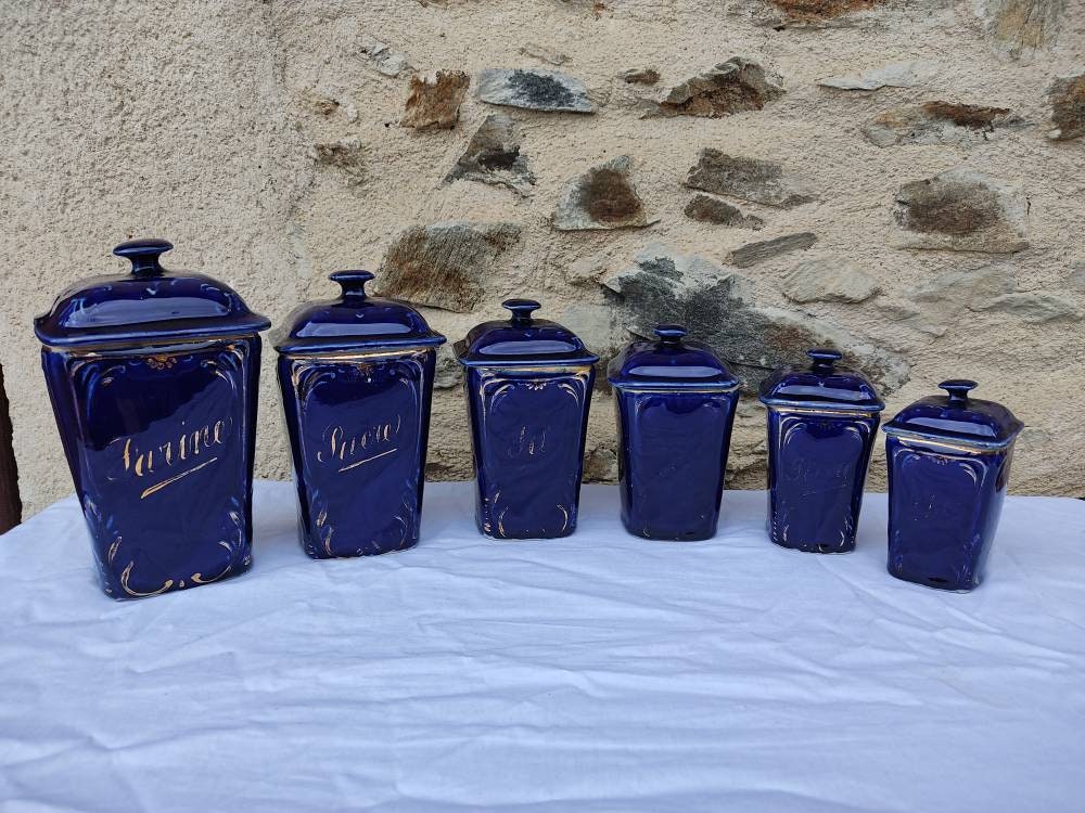Série de 6 Pots à Épices en Grès St Uze Bleu Nuit